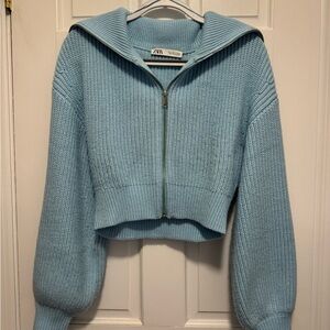 Zara Blue Zip Up Cropped Sweater with Puffy Sleeves size M